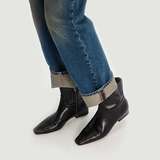 Fashion Black Block Low Heel Square Toe Ankle Boots with Zipper