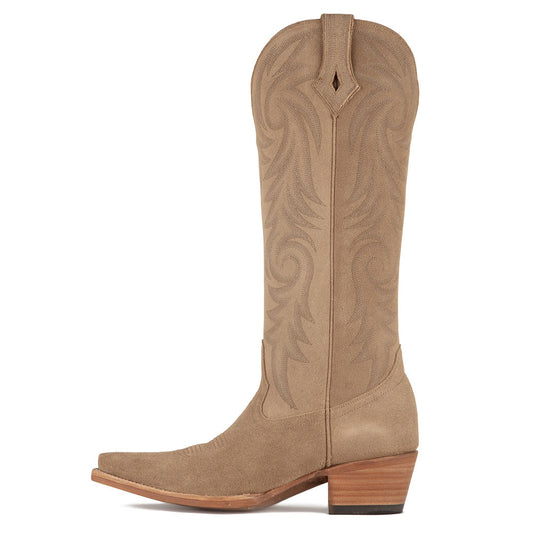 Faux Suede Snip Toe Embroidered Knee-High Tan Cowboy Boots for Women