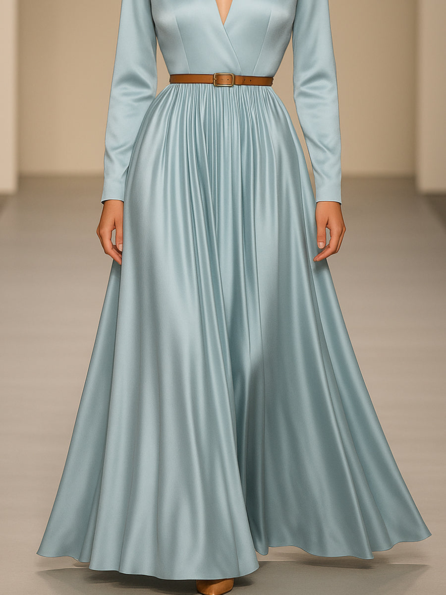 Elegant And Fashionable V-neck Light Blue Satin Maxi Dress