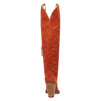 Faux Suede Pointed Toe Chunky Heel Orange Western Boots for Women