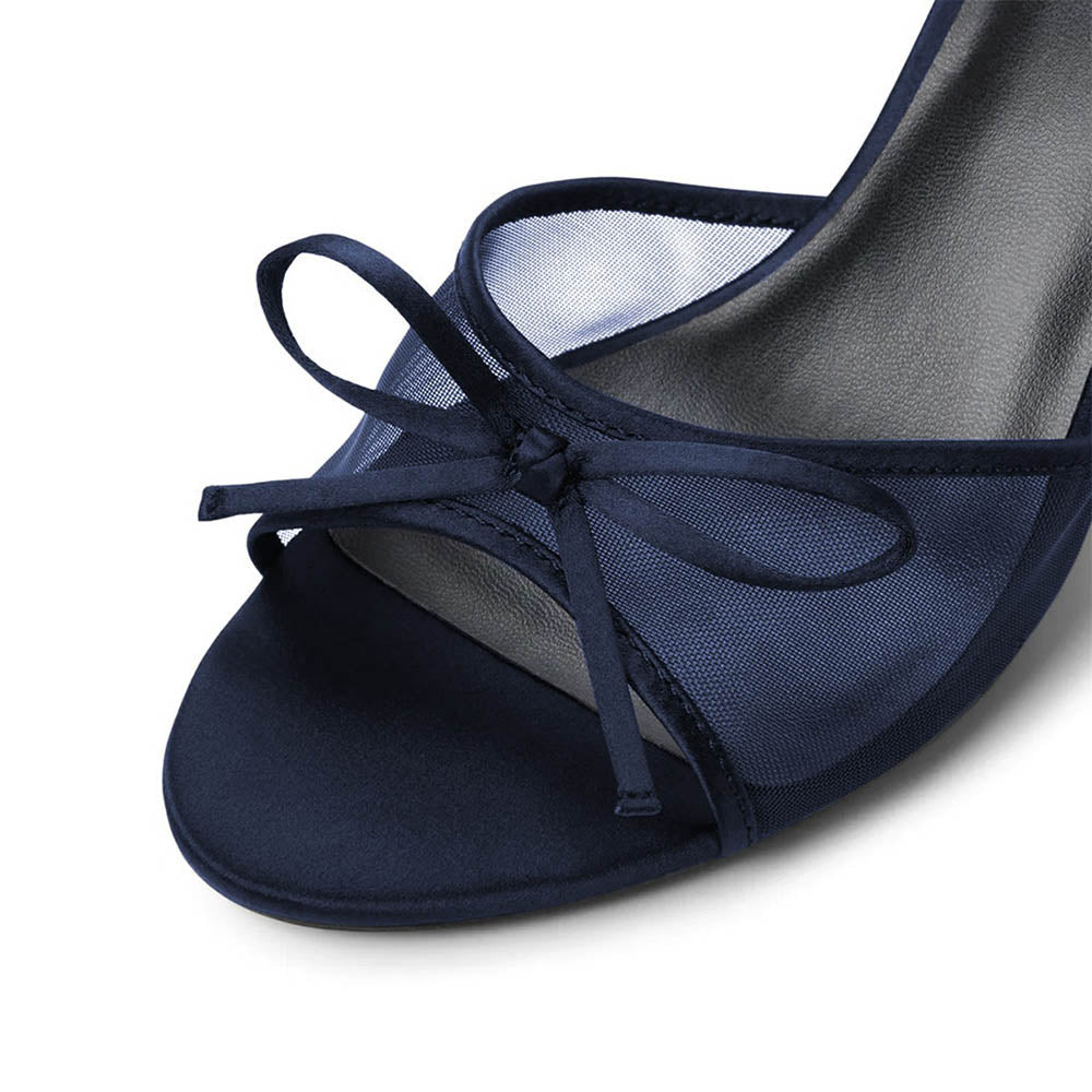 Fashion Navy Mesh Flared Heel Open Toe Bow Women's Mules Shoes