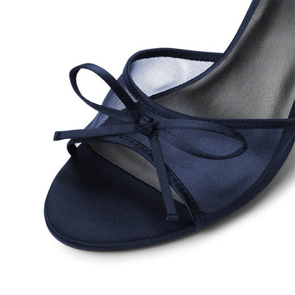 Fashion Navy Mesh Flared Heel Open Toe Bow Women's Mules Shoes