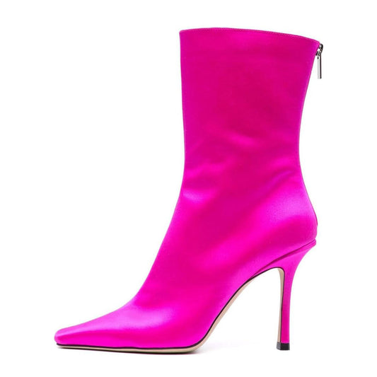 Fuchsia Satin Snip Toe Stiletto Heel Ankle Boots with Back Zipper
