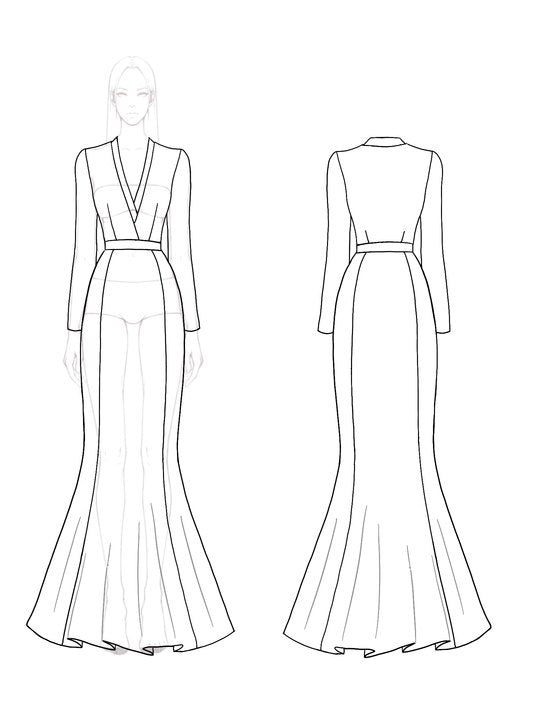 Elegant Formal Dress Black White Color-block V Neck Long Sleeve Maxi Dress