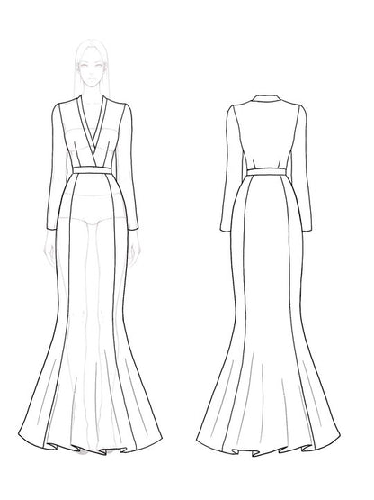 Elegant Formal Dress Black White Color-block V Neck Long Sleeve Maxi Dress