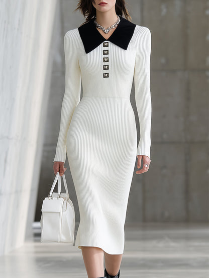 White Knitted Patchwork Black And Silver Decorated Midi Dress