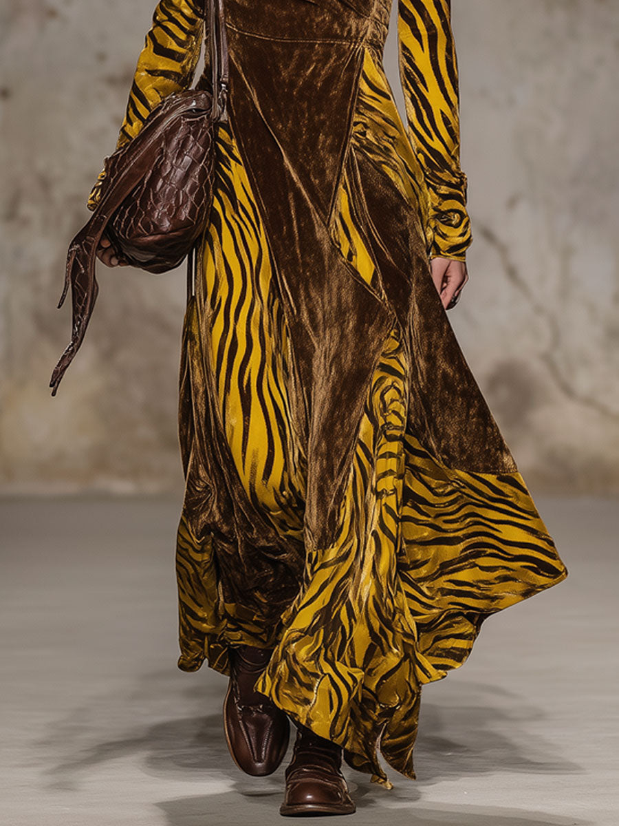 Fashion Retro Tiger Print Cocoa Brown Velvet Long Sleeve Maxi Dress