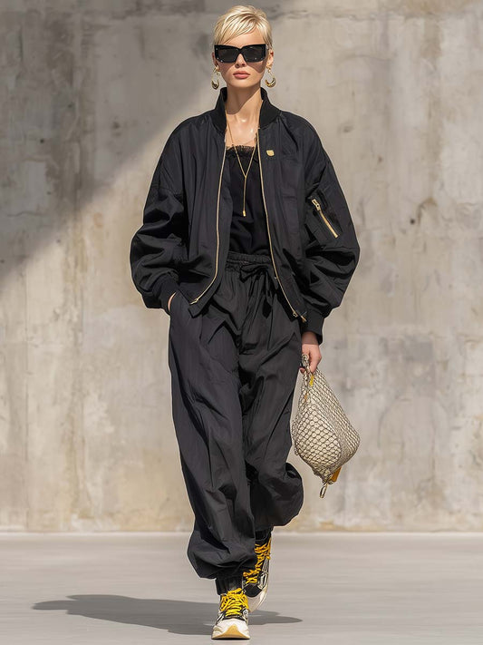 Exquisite Fashion Sports Black Nylon Baseball Jacket And Pants Set
