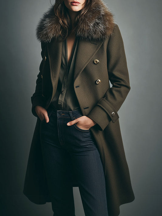 Detachable Fur Collar Double-Breasted Olive Wool Blend Coat