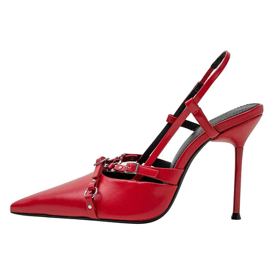Fashion Red Pointed Toe Buckle Strap Stiletto Heel Slingback Pumps