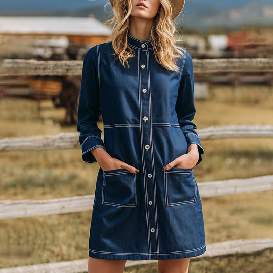 Stand Collar Button Patch Pockets Contrast Stitching Denim Mini Dress