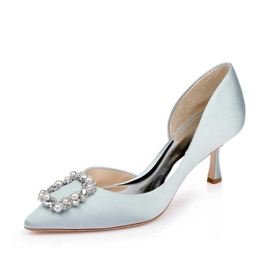Elegant Light Blue Satin Pearl & Rhinestone Buckle Wedding Heels