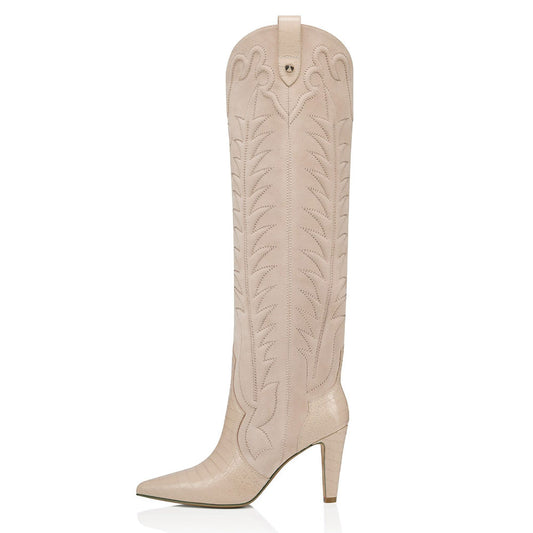 Beige Croc Embossed Cone Heel Embroidered Cowboy Boots for Women