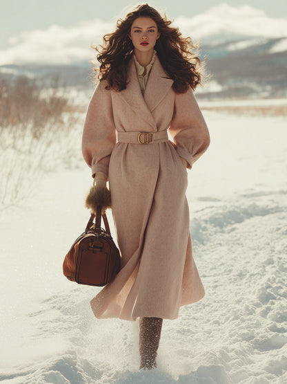Elegant And Fashionable Light Pink Lapel Long Coat