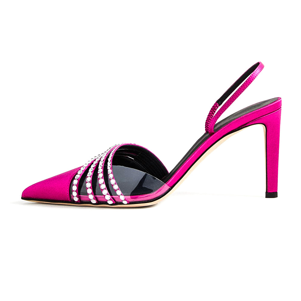 Fuchsia Satin Pointed Toe Stiletto Heel Rhinestone Slingback Pumps