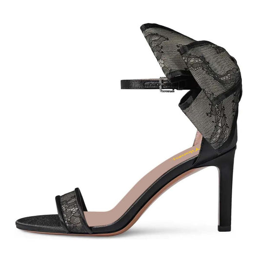 Elegant Lace Bow Stiletto Heel Ankle Strap Dress Sandals for Women