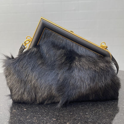 FI First Small Black Fox Fur Bag For Woman 26cm/10in