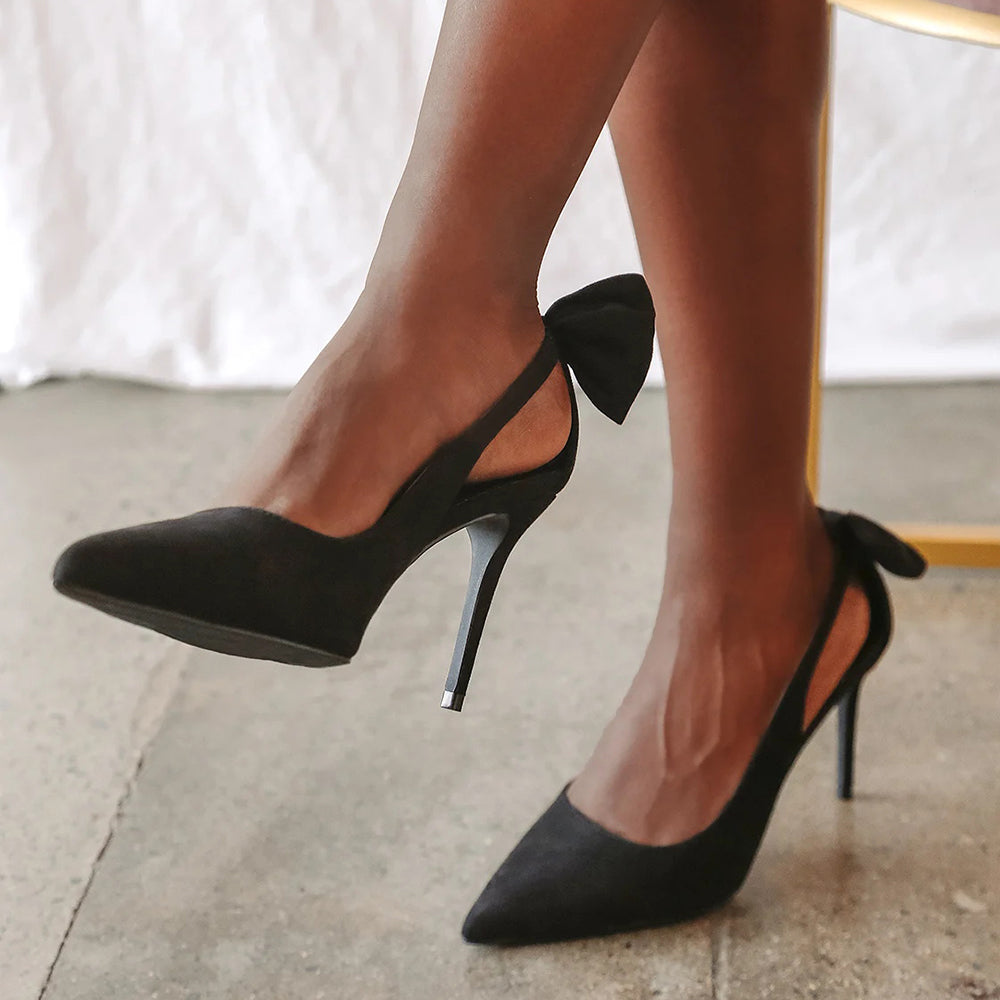 Elegant Black Vegan Suede Cut Out Pointed Toe Pumps Heels with Bow