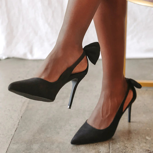 Elegant Black Vegan Suede Cut Out Pointed Toe Pumps Heels with Bow