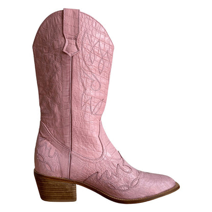 Faux Leather Embroidered Pointed Toe Pink Mid-Calf Cowgirl Boots