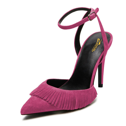 Fuchsia Pointed Toe Fringe Stiletto Heel Ankle Strap Pumps Shoes