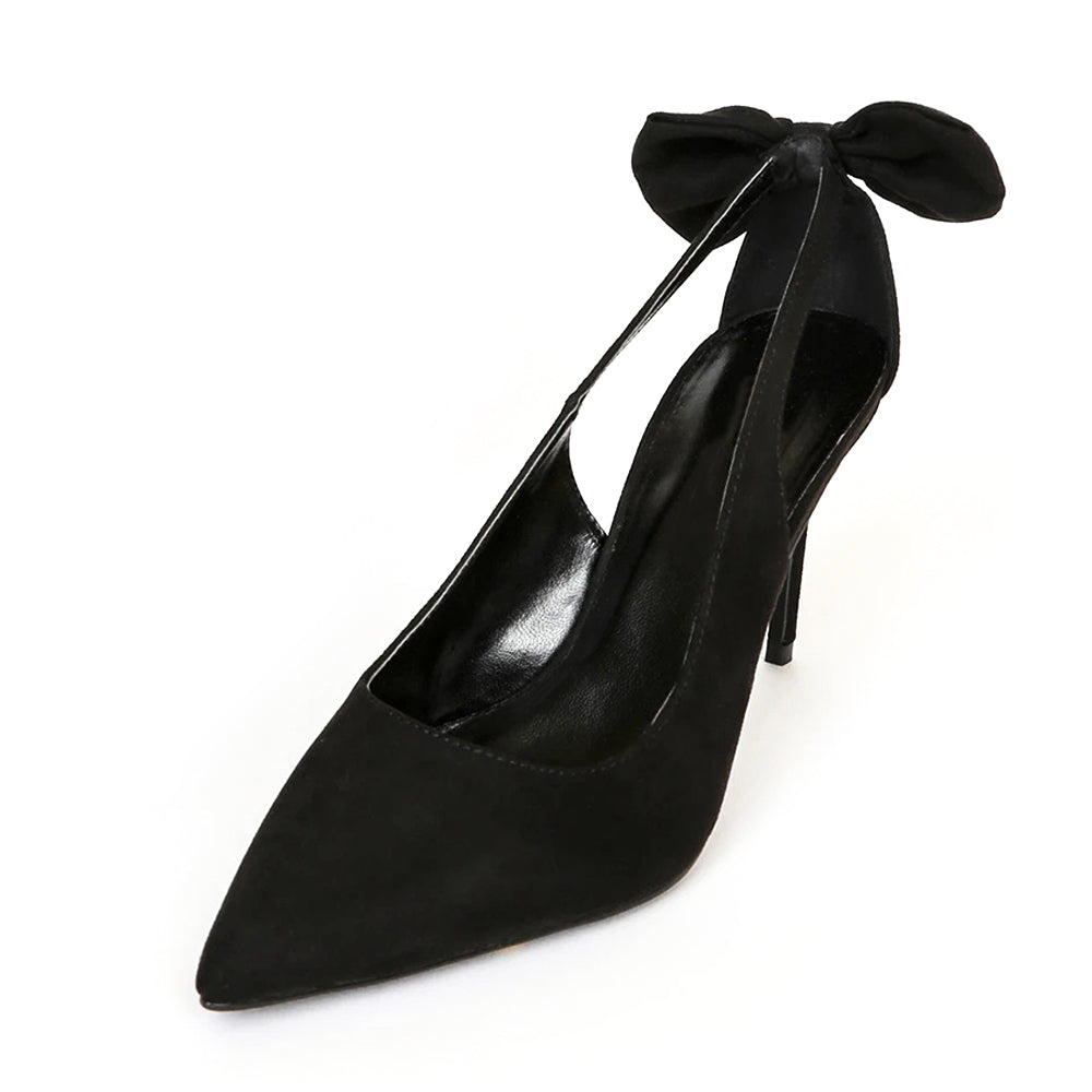 Elegant Black Vegan Suede Cut Out Pointed Toe Pumps Heels with Bow