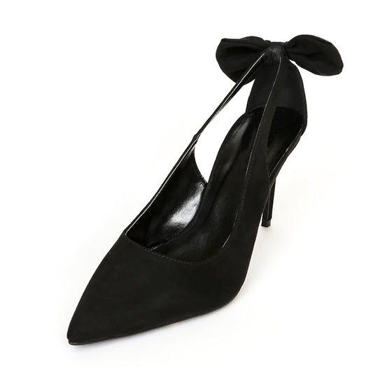 Elegant Black Vegan Suede Cut Out Pointed Toe Pumps Heels with Bow