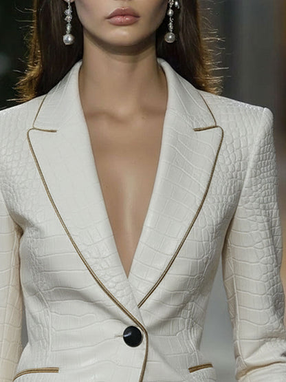 Fashion Retro Gold-Trimmed White Crocodile-Print Faux Leather Blazer
