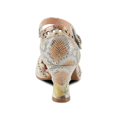 Beige Floral Print Round Toe Spool Heel Hollow-Out Pumps for Women