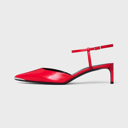 Elegant Pointed Toe Kitten Heel Ankle Strap Pumps Shoes in Red