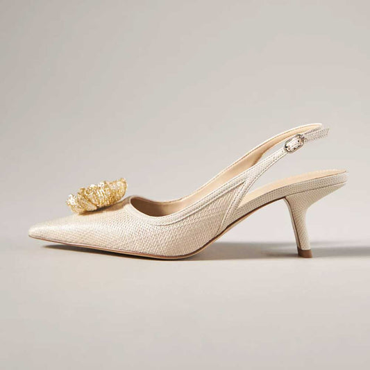 Beige Textile Pointed Toe Kitten Heel Floral Inlay Slingback Pumps