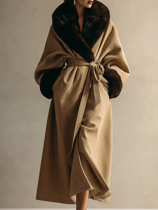 Elegant Wrap Coat With Faux Fur Collar And Cuffs