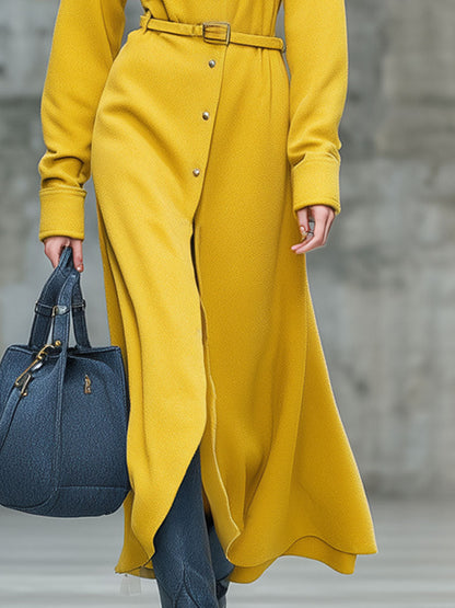 Vintage Yellow Grain Fleece Lace-Up Shirt Maxi Dress