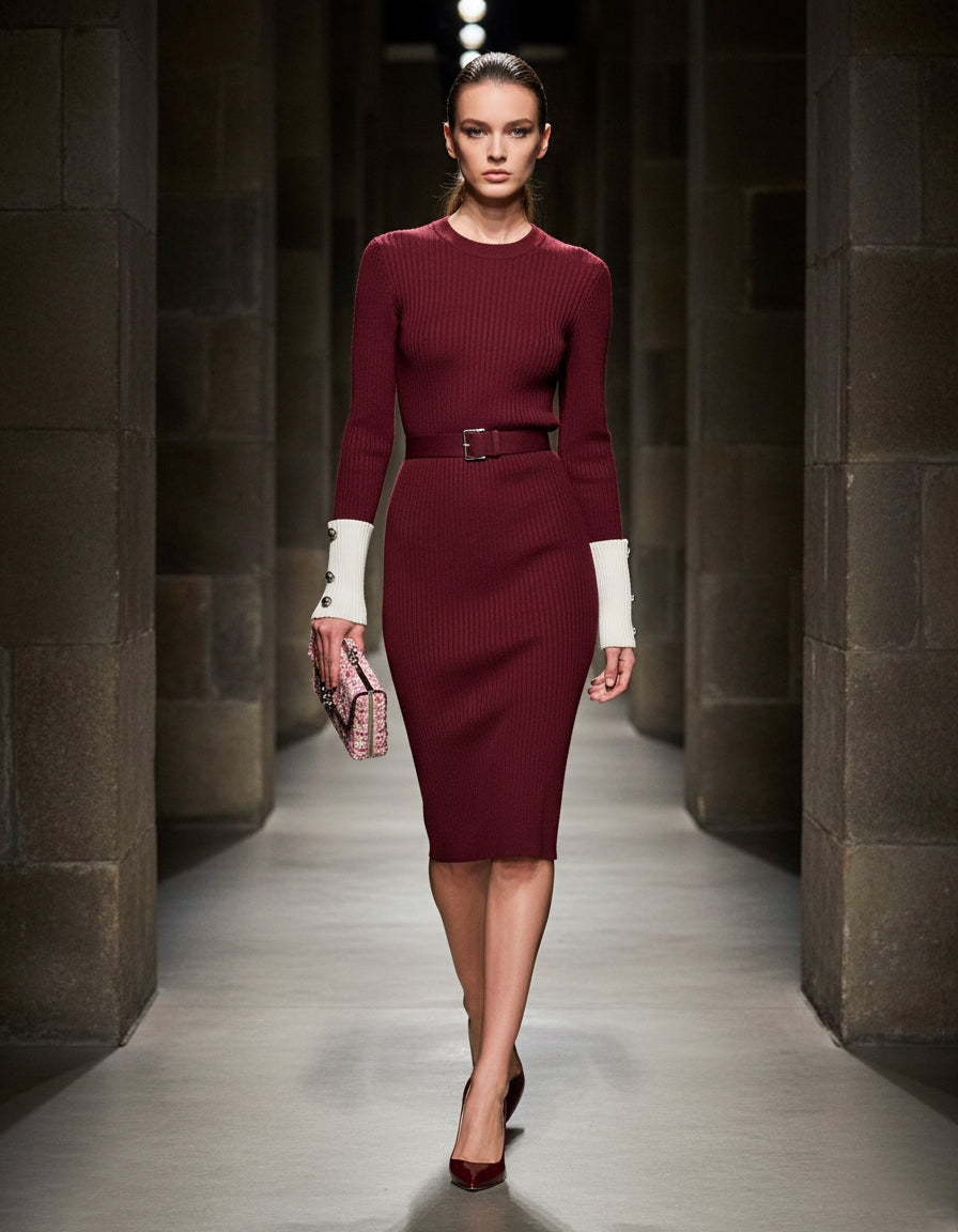 Angora Red Knitted Stitching White Round Neck Midi Dress
