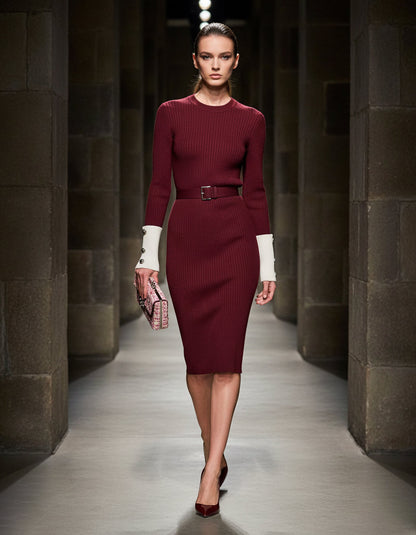 Angora Red Knitted Stitching White Round Neck Midi Dress