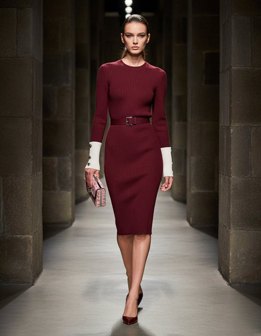 Angora Red Knitted Stitching White Round Neck Midi Dress