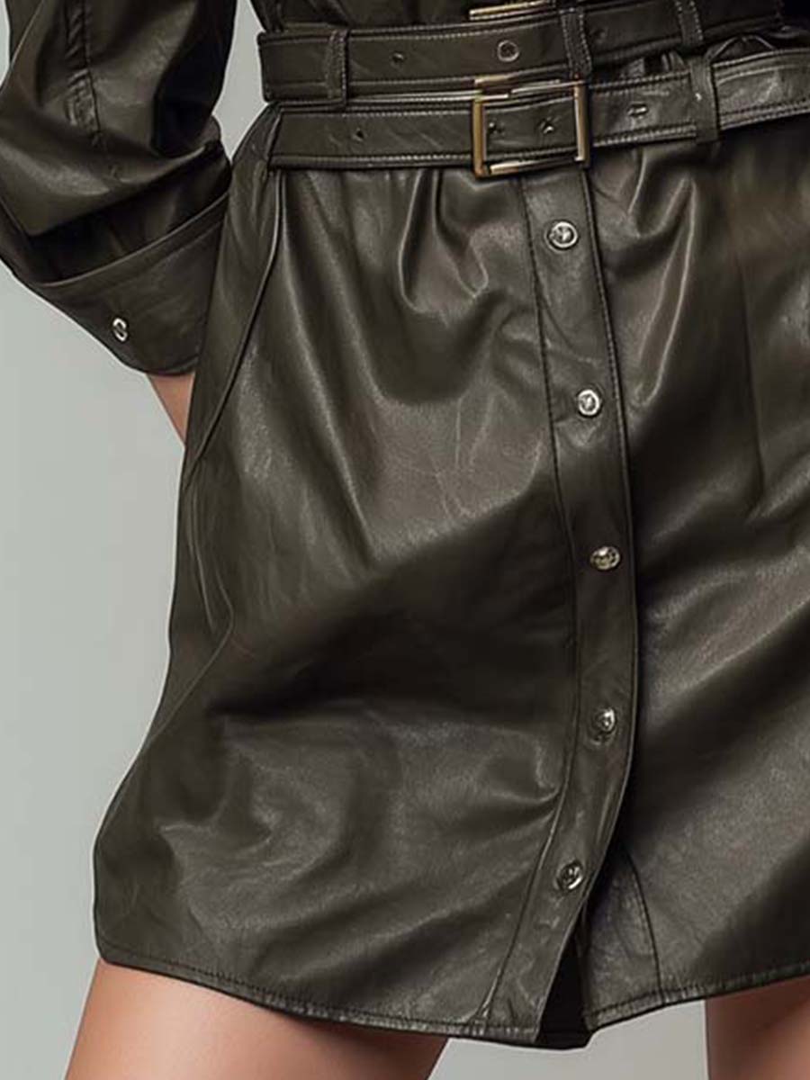 Army Green Utility Faux Leather Shirt Dress With Belt