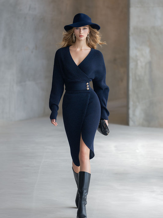 Elegant And Simple Navy Blue Knitted V-Neck Midi Dress