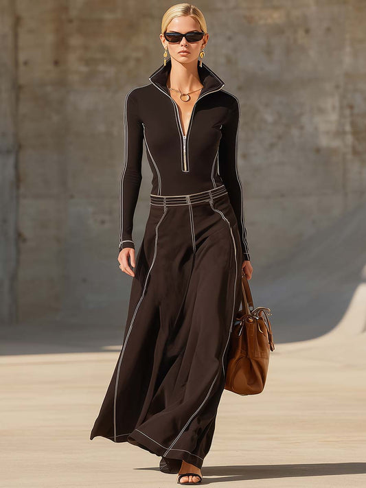 Exquisite Vintage Sports Lapel Front Zipper White Piping Dark Brown Stretch Cotton Maxi Dress