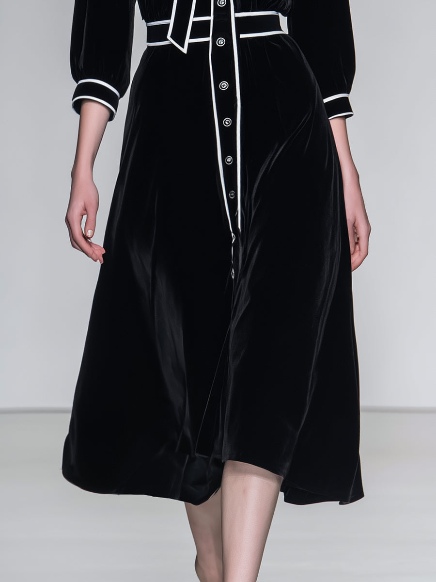 Elegant And Romantic White Hemmed Bow Black Velvet Midi Dress