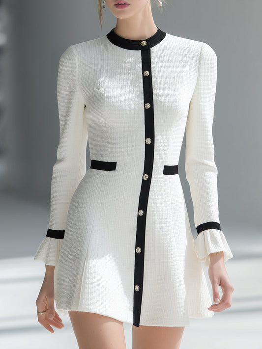 Elegant High-end Black Hem Round Neck White Long Sleeve Tweed Mini Dress