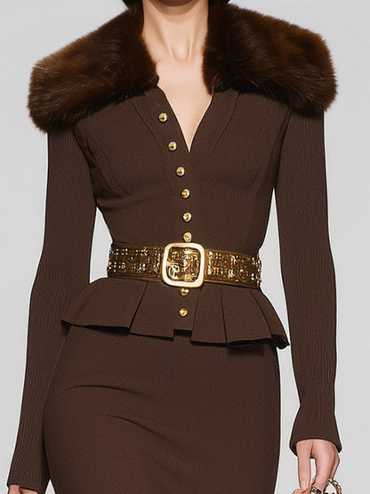 Fashionable Brown Button-down Jacket And Skirt Suit