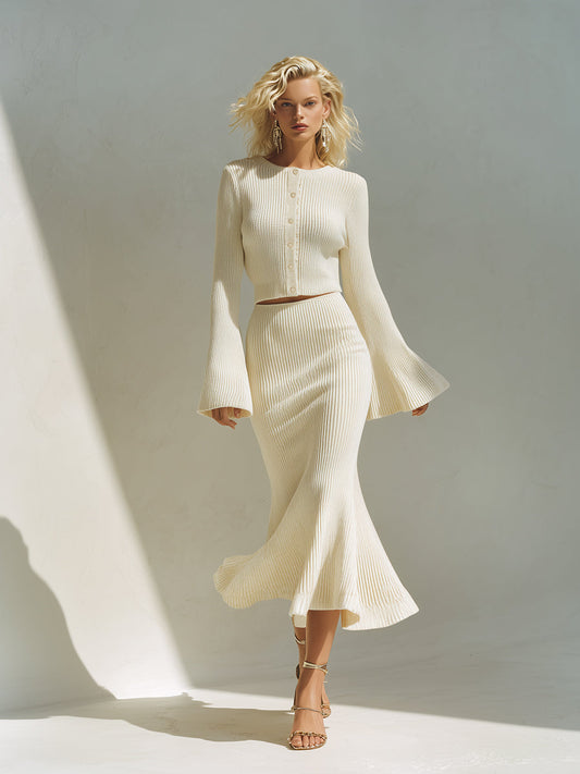 Elegant And Exquisite Beige Round Neck Knitted Cardigan Fishtail Skirt Set
