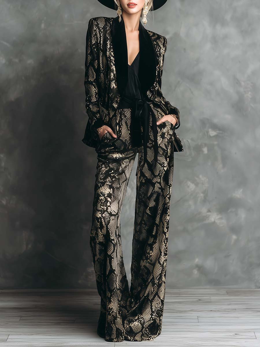 Elegant And Luxurious Gold Snake Print Black Velvet Suit Wide-leg Pants Set