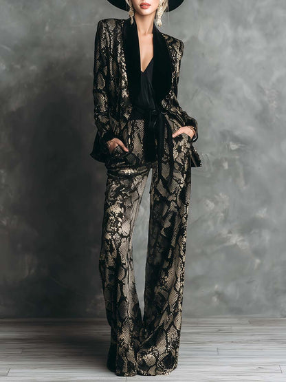Elegant And Luxurious Gold Snake Print Black Velvet Suit Wide-leg Pants Set