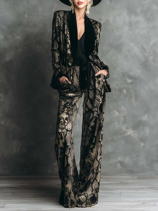 Elegant And Luxurious Gold Snake Print Black Velvet Suit Wide-leg Pants Set