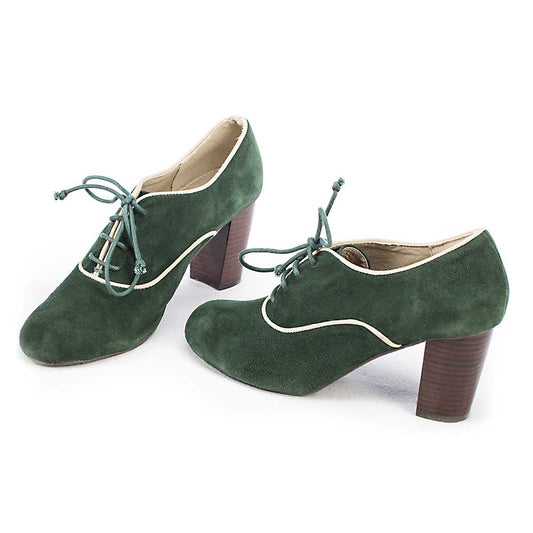Dark Green Faux Suede Round Toe Chunky Heel Lace-Up Oxford Shoes