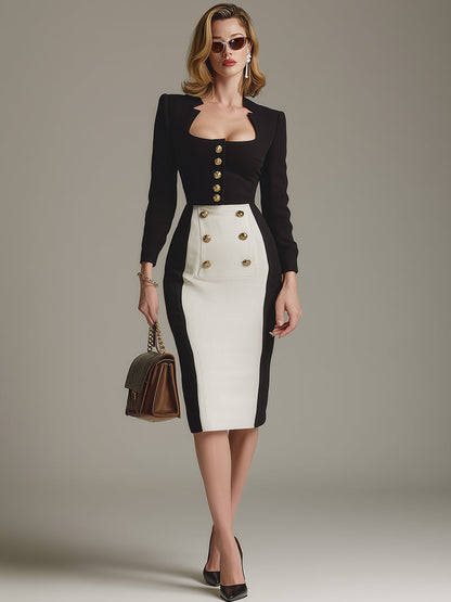 Elegant And Capable Black And White Color Matching Gold Button Midi Dress