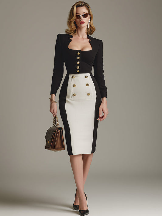 Elegant And Capable Black And White Color Matching Gold Button Midi Dress