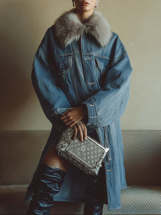 Fashionable And Casual Loose Detachable Faux Fur Collar Blue Denim Mid-length Coat